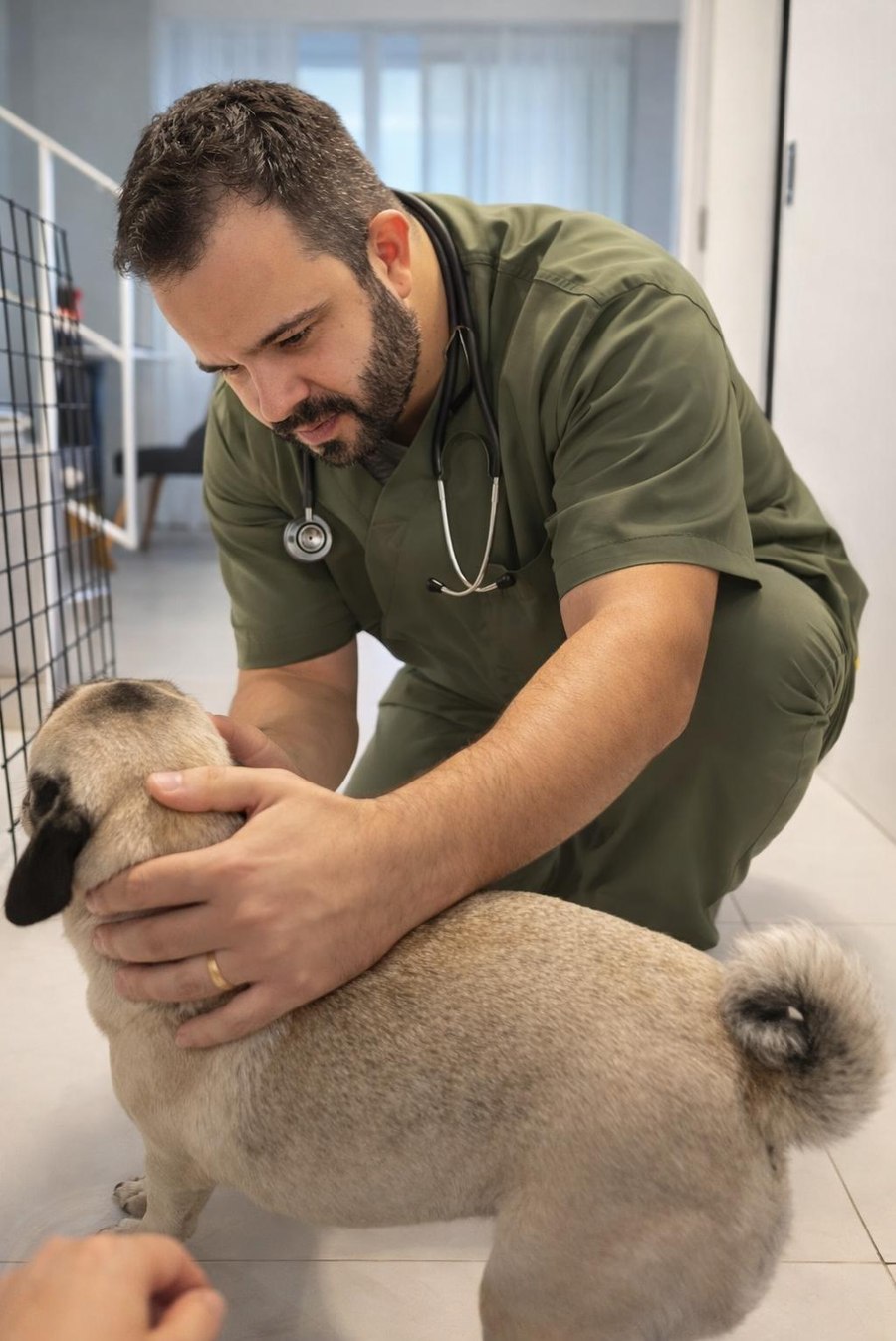 Dr. Guilherme Thimoteo, veterinário em domicílio em Ribeirão Preto, durante consulta com um pug